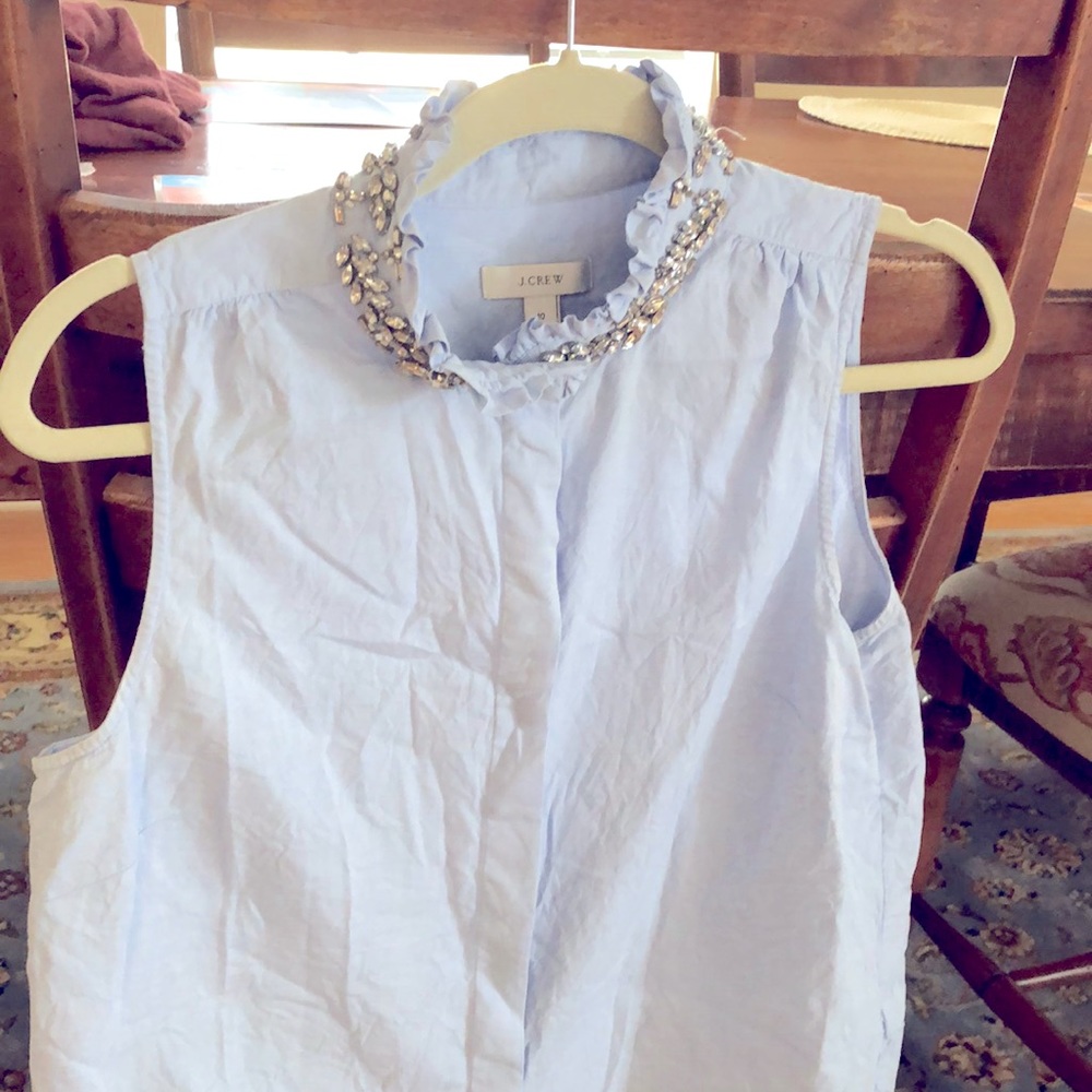 JCrew Sleeveless Blue button-up Blouse with Jeweled Collar size 10
